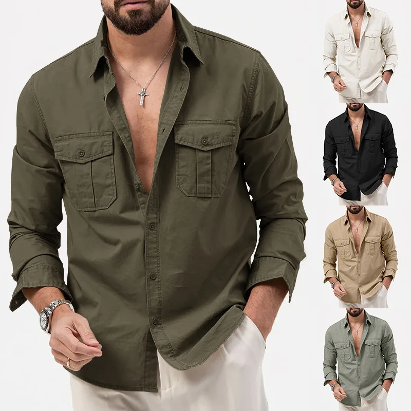 Camisa informal de negocios para hombre, ropa de marca famosa, verde militar, manga larga, novedad de 2020