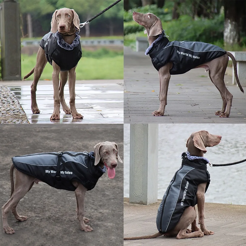 Waterproof Dog Clothes Winter Large Dog Coat With Harness Furry Collar Warm Pet Clothing Dog Jacket Labrador Bulldog Costumes