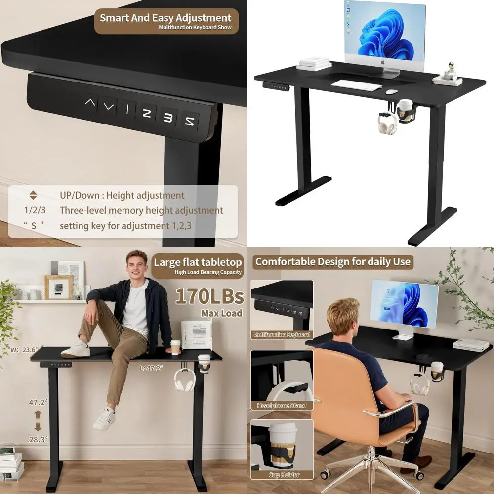 

Ergonomic Adjustable Height Desk, 23.6 x 47.2 Sit-Stand Workstation with 3 Memory Settings, Black