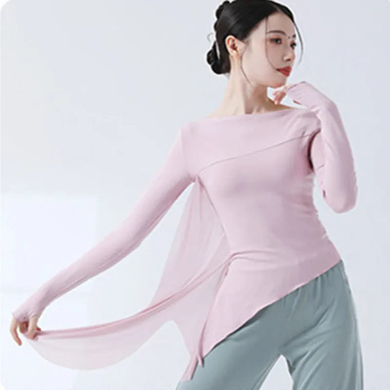 Classical Dance Practice Clothes Finger Sleeve Side Split Tulle Design Chinese Style Casual Wear Chic Stage Performance Costume