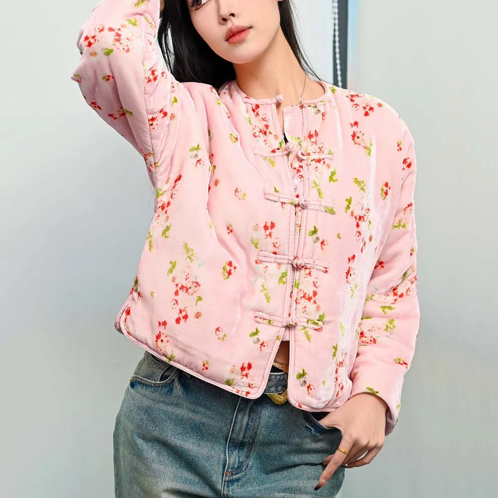 2023 Winter Women\'s Cotton Y2k Floral Printed Silk Velvet Chinese Plate Button Round Neck Long Sleeve Thickened Warm Cotton Top