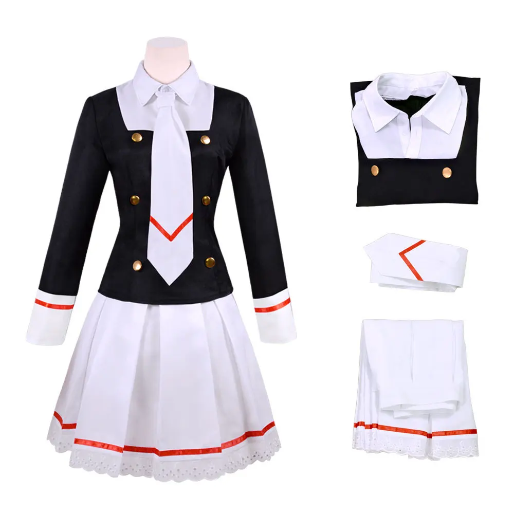 Disfraz de Cosplay de Anime Card Captors Sakura KINOMOTO para mujer adulta, uniforme bonito Loli Sailor JK, faldas superiores, camisa, traje con peluca y corbata