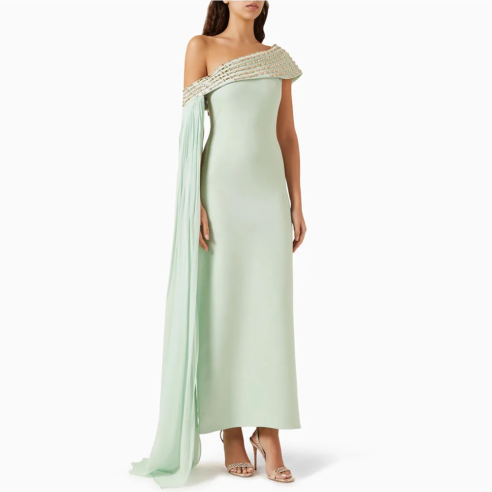 

Мятное женское вечернее платье на одно плечо, платье для выпускного вечера длиной до щиколотки, вечернее платье с бисером, платье без рукавов в Саудовской Аравии