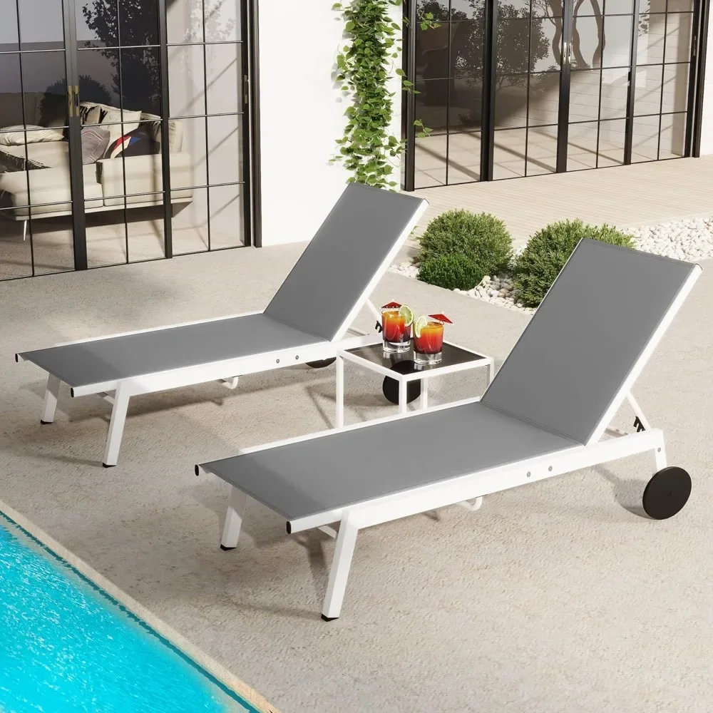 

Terrace loungers 3-piece set, outdoor loungers with side table, adjustable backrest Poolside loungers on wheels for pool beach