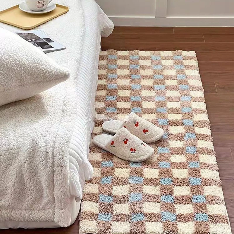 INS Bedroom Rugs Flocking Plaid Bedside Carpets Plush Living Room Floor Mats Kids Playmats Fluffy Area Rugs Home Decor