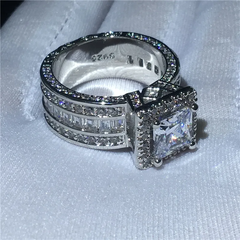Vintage Princess Cut AAAA Zircon Ring Silver Color Engagement Wedding Rings for Women Men Anniversary Jewelry