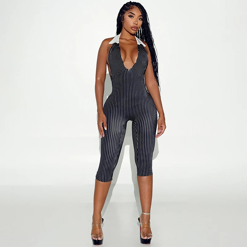 Sexy, tief ausgeschnittener, ärmelloser, rückenfreier, gestreifter, schmal geschnittener, siebenteiliger Jumpsuit – Detail 2