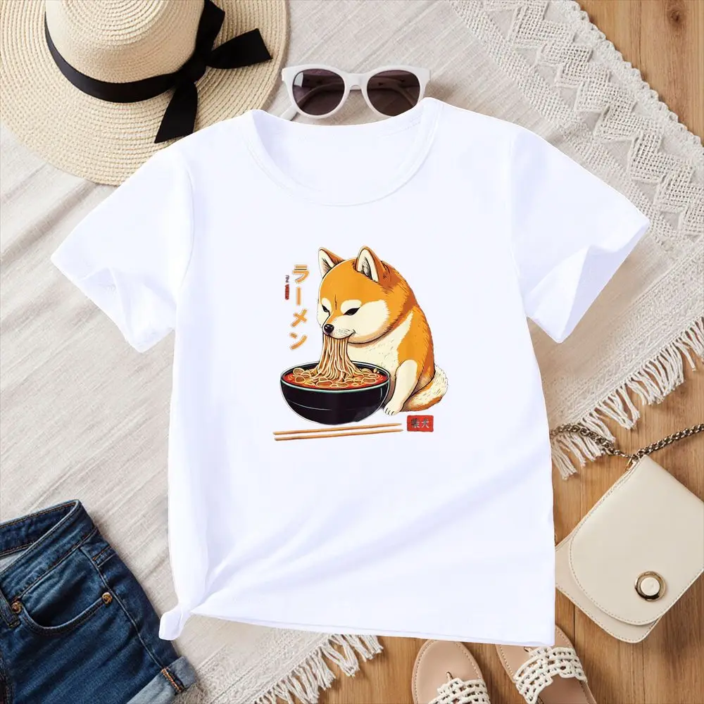 Kawaii Shiba Inu Eating Ramen Graphic T-Shirt Women Summer Short Sleeve Anime Japanese Funny Print Vintage Harajuku Y2k Clothes