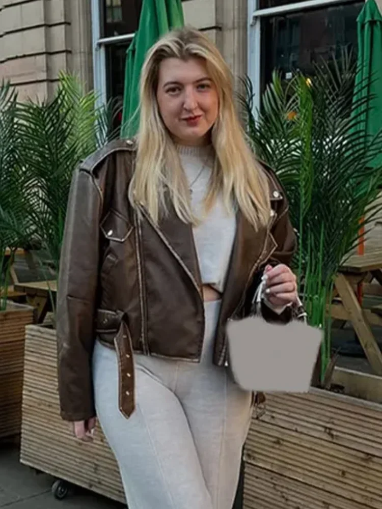 Moda sólida lapela jaqueta de couro curto feminino manga cheia bolsos com zíper casaco solto senhora 2025 outono diário deslocamento rua wear