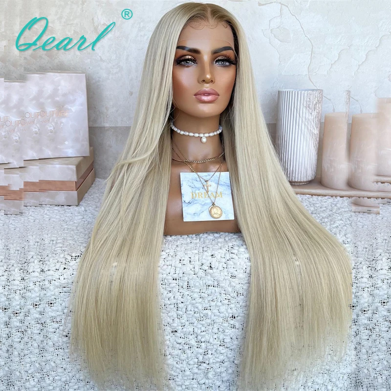 HD Full Lace Wig Real Natural Hair Wigs Ash Brown Roots Platinum Blonde Human Hair Wigs 13x6 Straight Lace Top Frontal Wig Qearl