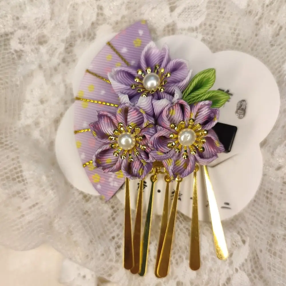 All-match Tassels Tassel Fan Hairpin Sakura Flower Japanese Kimono Headwear Ancient Style Hairpin Hanfu Fan Hair Clip Children