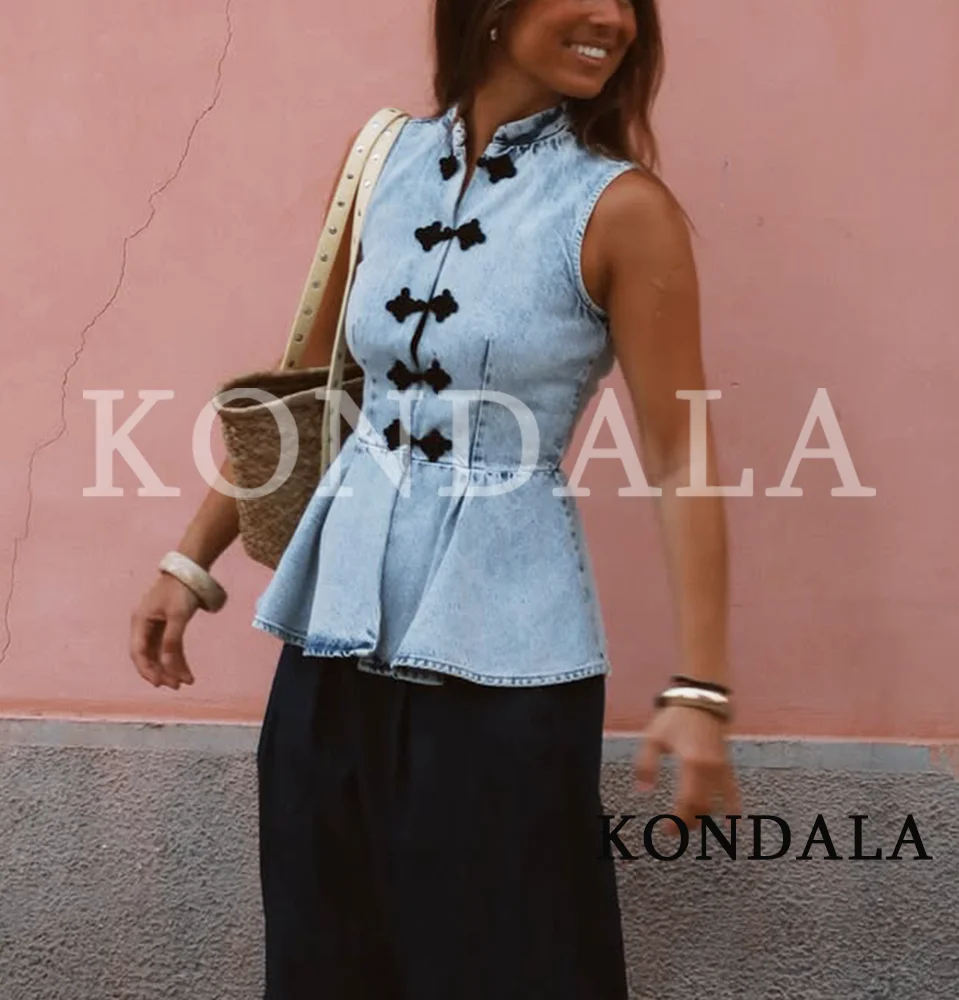 KONDALA Women Elegant Vintage Denim Vest 2026 Summer Trendy Holiday Streetwear Sleeveless Vest Female Casual Rope Knotted Vest