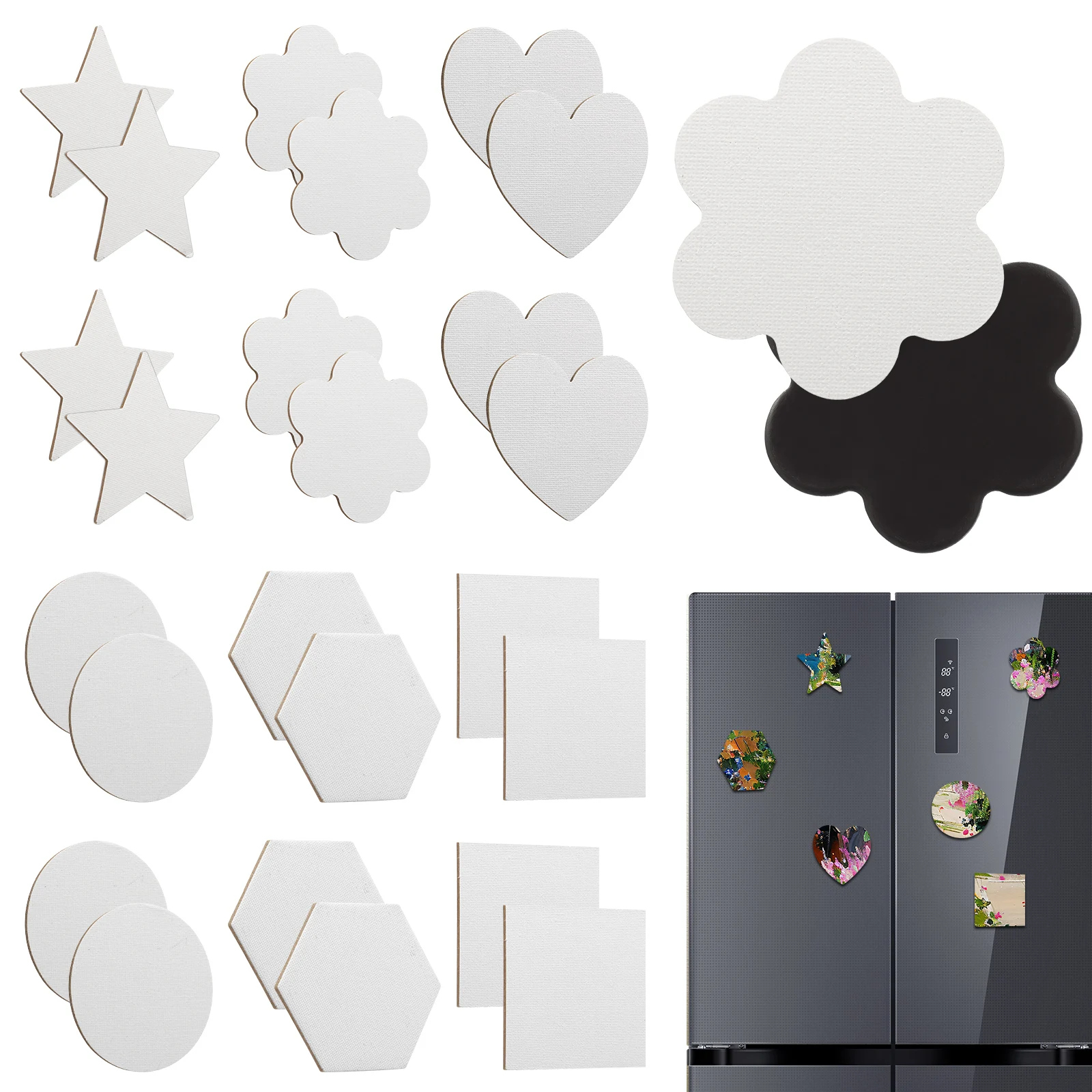 12/24 Pcs Magnetic Mini Canvas Panels 6 Shapes Small Canvas Drawing Board Decorative DIY Fridge Magnets Acrylic/Oil Paint Crafts