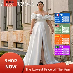 Evon Bridal-サテンのAラインレースアップウェディングドレス、サイドスプリットブライダルガウン、オフショルダー、Vネック、プラスサイズ、セクシー