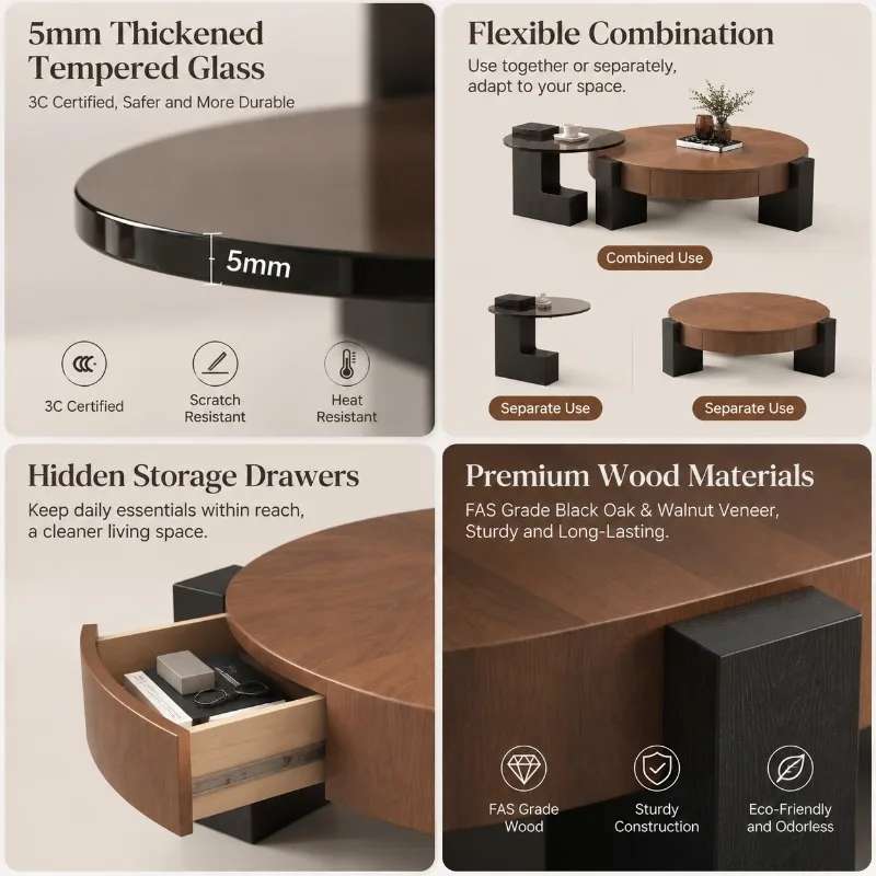 Modern Walnut Coffee Table Set, Modular Round Living Room Table with Glass Side Table Hidden Storage Drawer Luxury Furniture