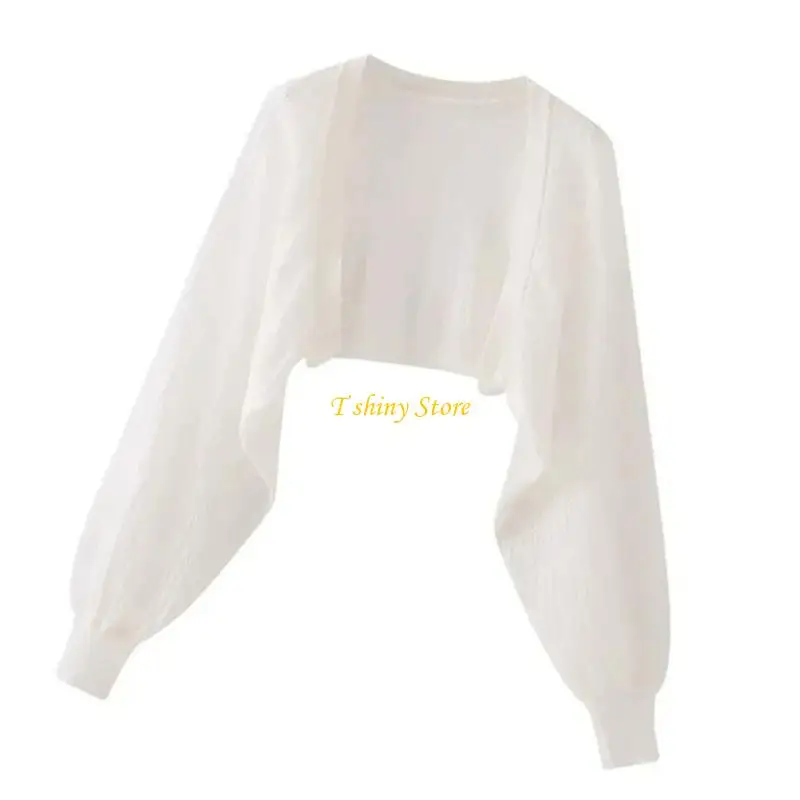 N58F Womens Hollow Knit Long Sleeve Cropped Cardigan Open Front Boleros Shrug Sweater