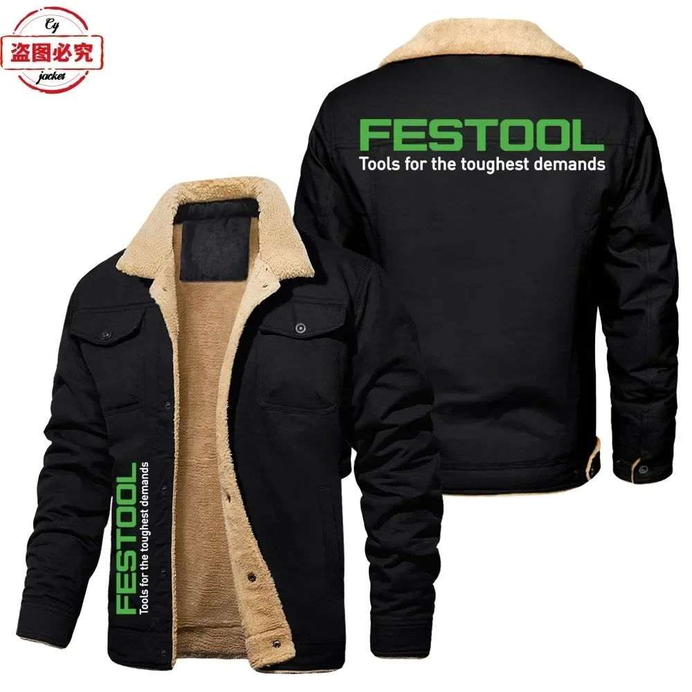 Festool Logo Printed Workwear Casual Zipper Stand Up Collar Cardigan Jacket with Fleece Men's Team Uniform European Sizes