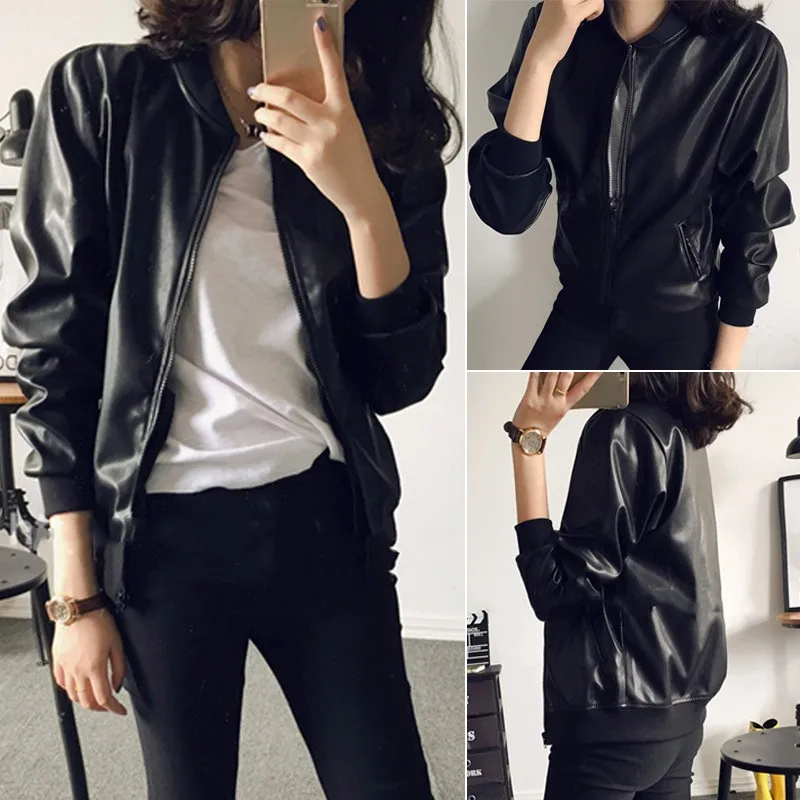 Women\'s PU Leather Jacket Zipper Moto Biker Coat Slim Fitting Solid Color Long Sleeve Casual Street Wear Zipper Black Top Autumn