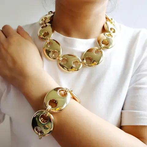 Übertriebene Punk Dicke CCB Metallic Goldene Oval Kurze Halskette Frauen Männer Handgemachte Hochwertige Kragen Halskette Punk Geschenk