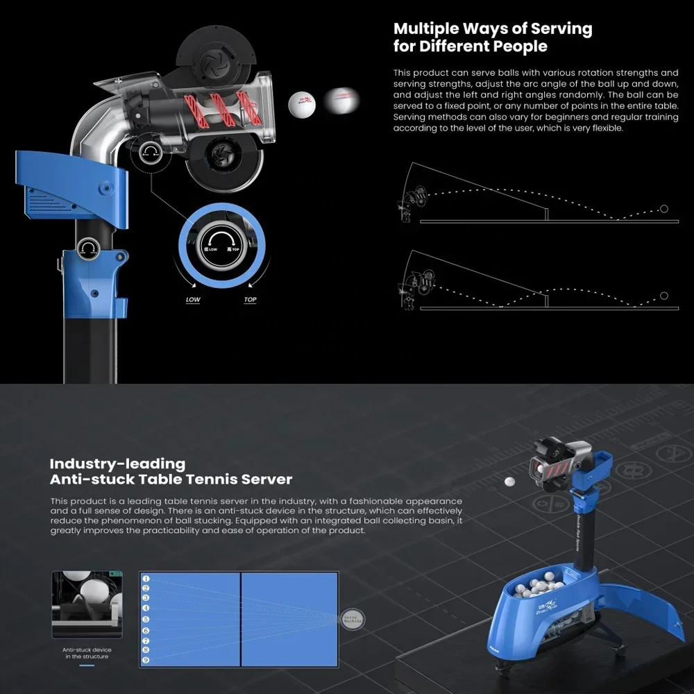 روبوت تدور احترافي لتنس الطاولة مضاد للالتصاق على شكل سمكة مزدوجة، آلة تقديم كرة بينج بونج متعددة الدوران #5