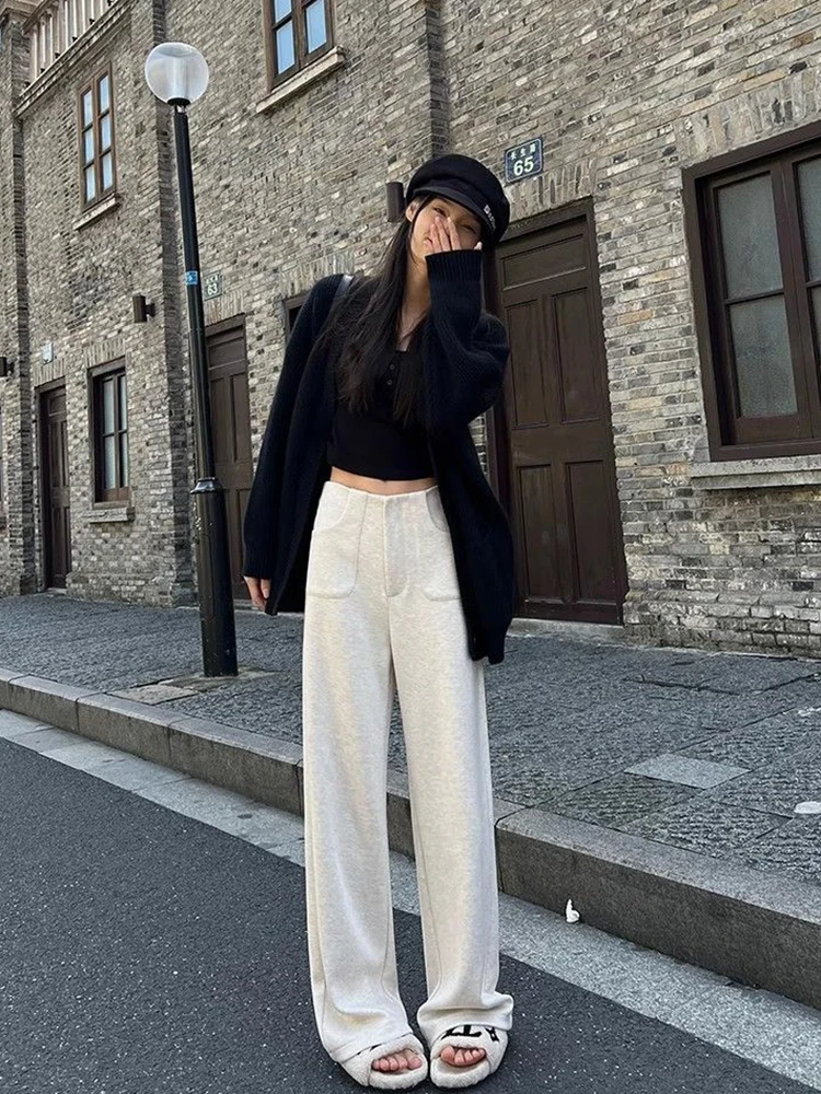 

Зимние женские широкие брюки из искусственной шерсти с высокой талией, толстые теплые свободные повседневные брюки Y2K, корейская уличная одежда, универсальные смешанные брюки