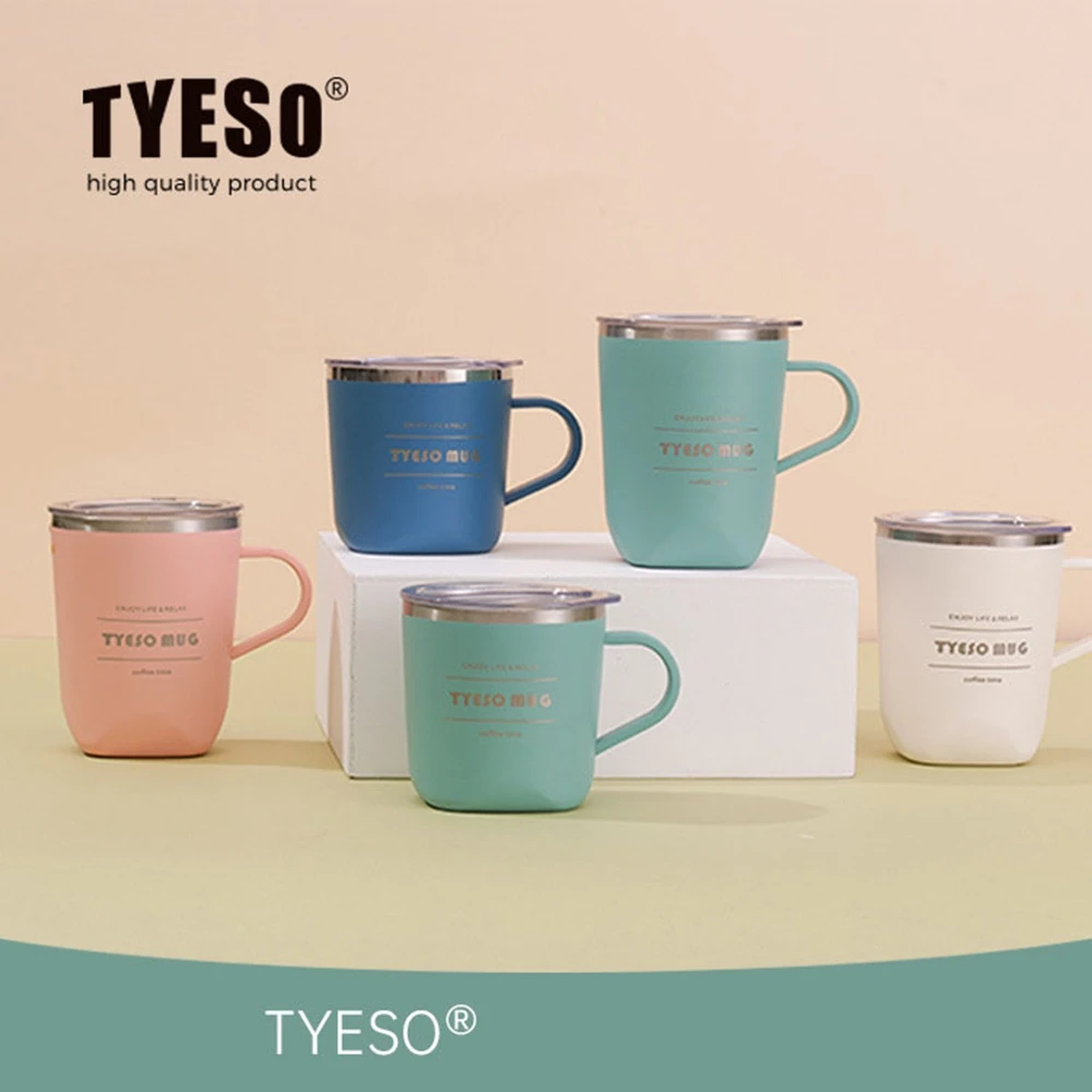 

TYESO TS-8718B Travel Double Walled Cup Insulated Stainless Steel Coffee Mug With Handle Bpa Free Lid 9oz 12oz Travel Coffee Cup