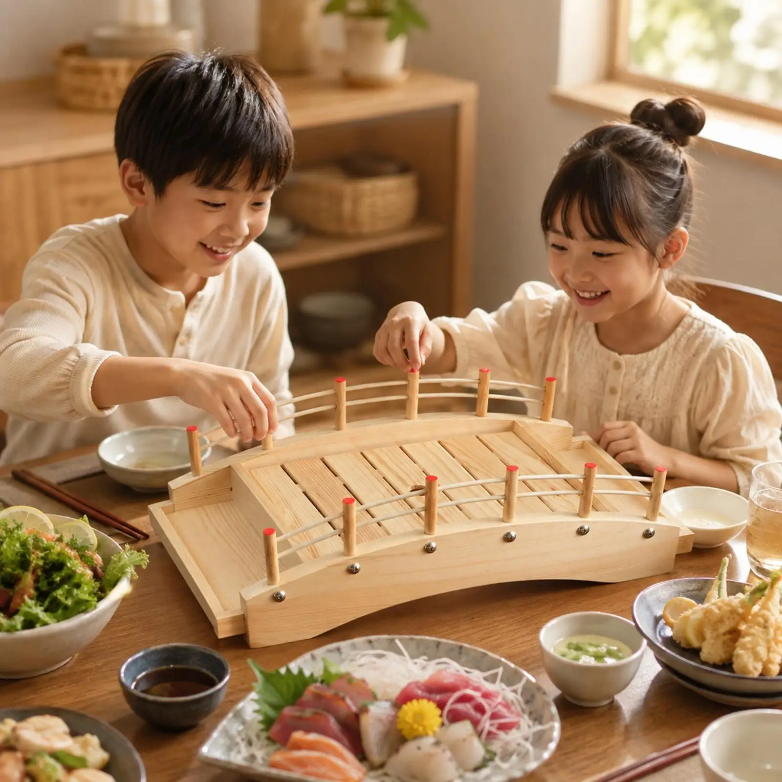 Japanese Style Wood Sushi Bridge Tray for Sashimi Appetizer Serving Platter with Raised Railing Decor