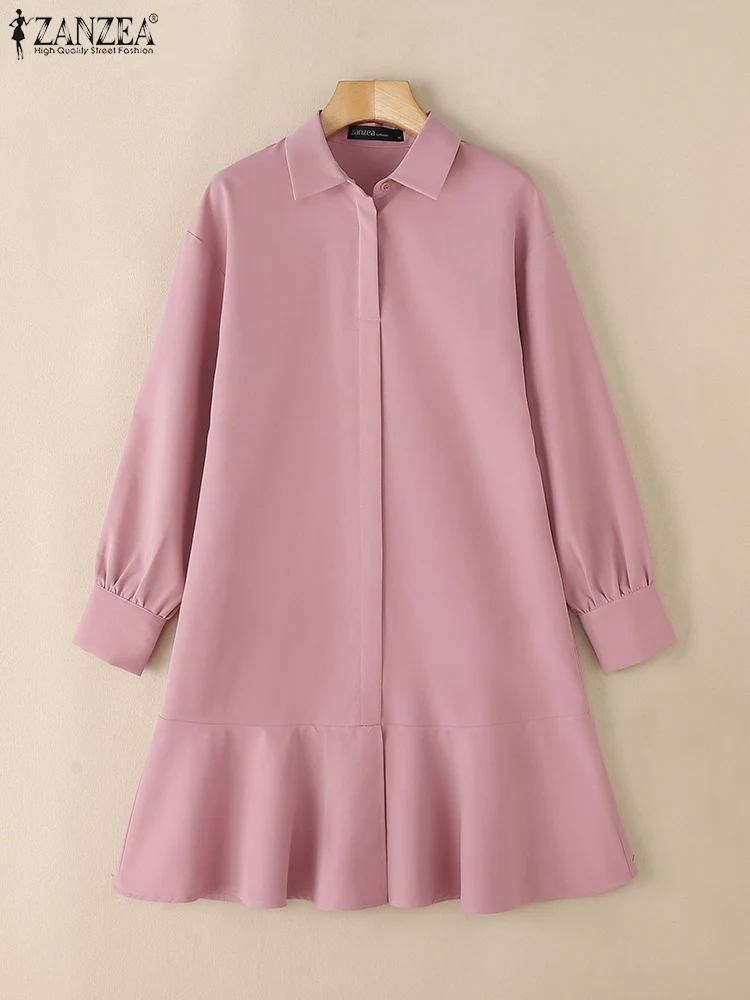 

ZANZEA 2025 Summer Woman Shirtdress Commute Solid Ruffled Hem Fashion Long Sleeve Knee-length Dresses Turn-Down Collar Robes