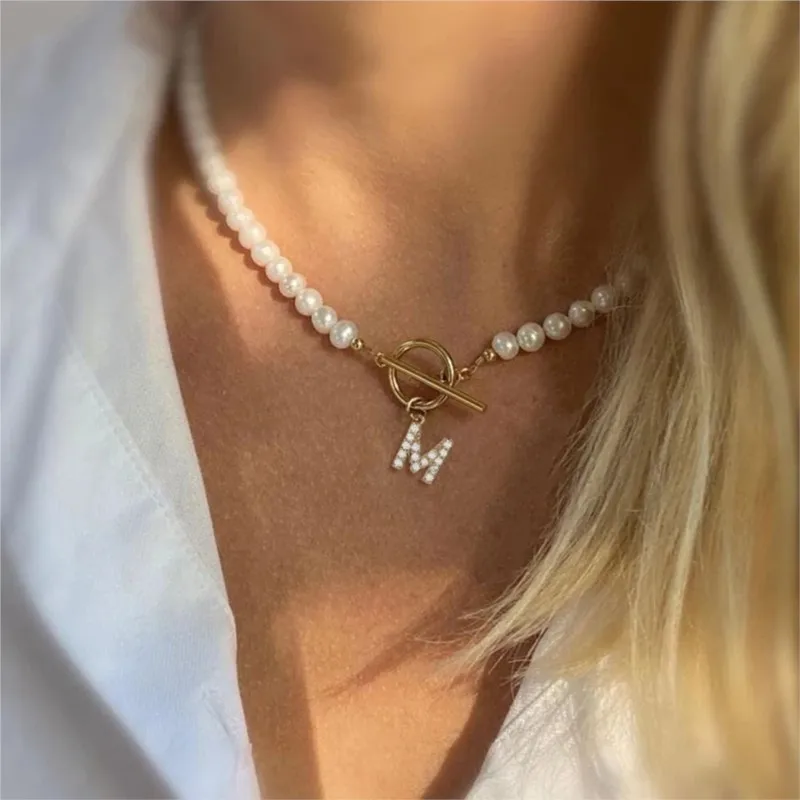 Elegant Simulated-pearl Gold Color OT Buckle 26 Letters Pendant Necklace for Women Vintage Choke Collares Jewelry Girls Gifts