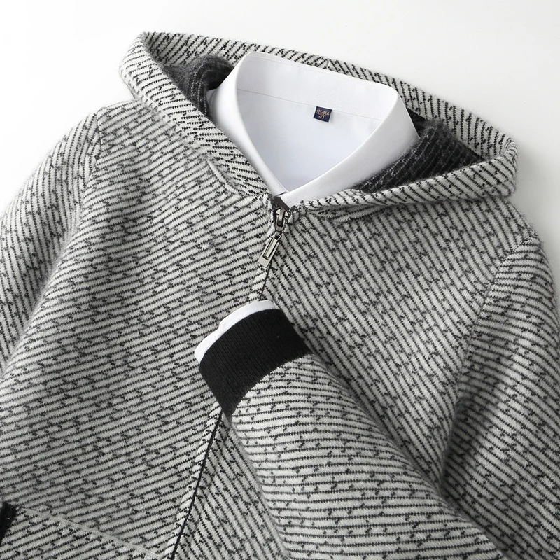 Fashion Sweaters Men's Pure Wool Cardigan Hoodie Jacquard Sweater Coat Zipper Up Knit Cardigans Thick Male Outerwear Hooded Top