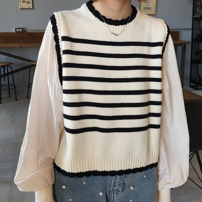 OCEANLOVE Fake 2 Pieces Sweaters Women Tops Stripes Korean Fashion Chic Pull Femme Loose Elegant Sweet Vintage Sueter Mujer