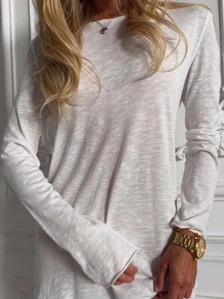 MCDV Casual Basic Mini-jurk met lange mouwen Dames Herfst Effen Gebreid O-hals Slim Fit Nachtkleding T-shirt Jurken Luie dagelijkse kleding