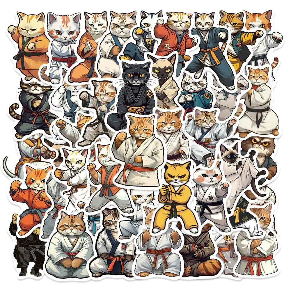 50Pcs Cool Taekwondo Kung fu Cat Stickers Waterproof Stickers for Water Bottle Laptop Phone Skateboard Sticker for Kids Gifts