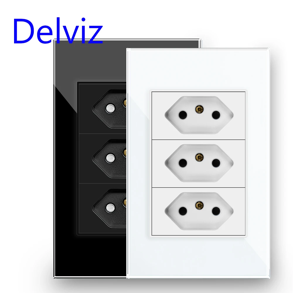 Delviz-enchufe estándar de Brasil, Panel de cristal de 120mm x 72mm, Blanco/Negro, CA 110V ~ 250V, 3 bandas, 3 pines, Agujero 10A, toma de corriente de pared