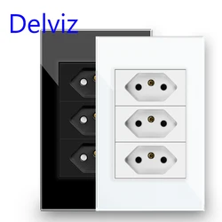 Delviz Brazil Standard Socket, 120mm*72mm Crystal Glass Panel,White/Black,AC 110V~250V, 3gangs 3 Pins hole 10A Power Wall Outlet