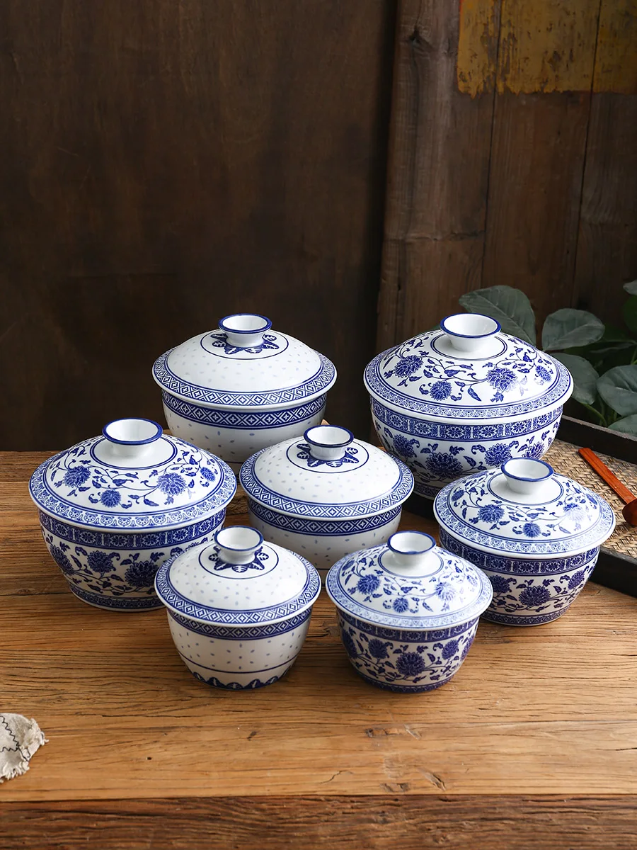 Tazón de Sopa Azul y Blanco con Esmalte Bajo Glaseado, Taza de Cerámica con Tapa Incluida, para Uso Comercial y Doméstico, para Hot Pot y Sazonar