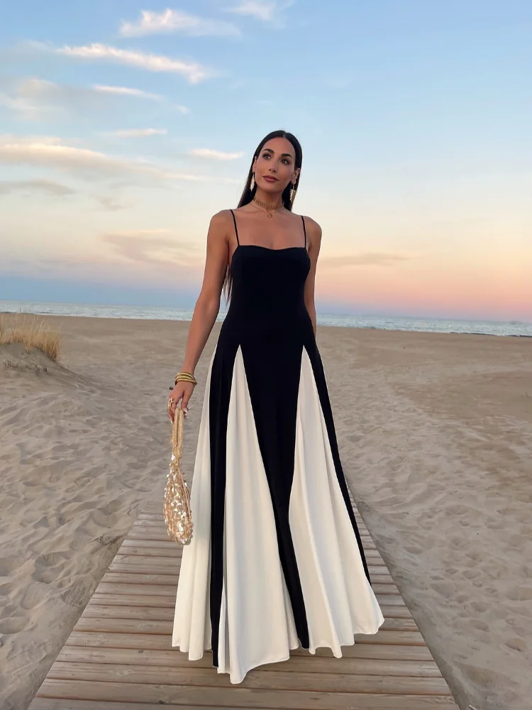 Women Elegant Contrasting Sling Long Dress Fashion Sleeveless Backless High Waist A-line Maxi Dresses Chic Lady Party Robes