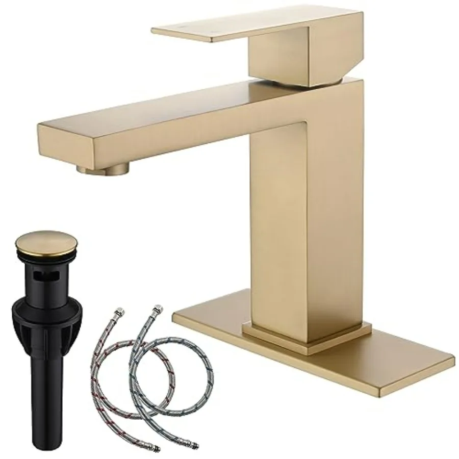 Brushed Gold Bathroom Faucets Single Hole Single Handle Stainless Steel Faucet for Bathroom Sink with Pop Up Stopper Gold Vanit