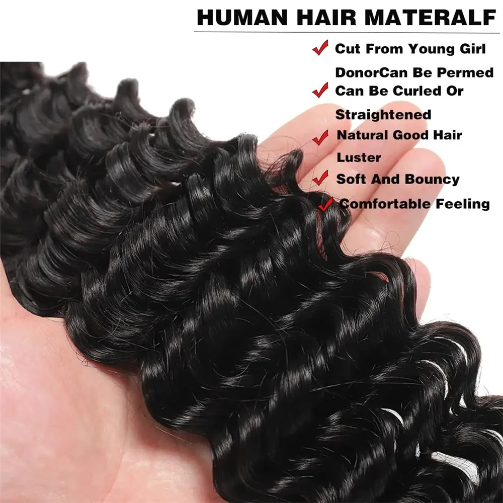 Extensiones de cabello humano rizado con encaje Frontal transparente 13x4, extensión brasileña de onda profunda para mujeres, 3 mechones tejidos con cierre