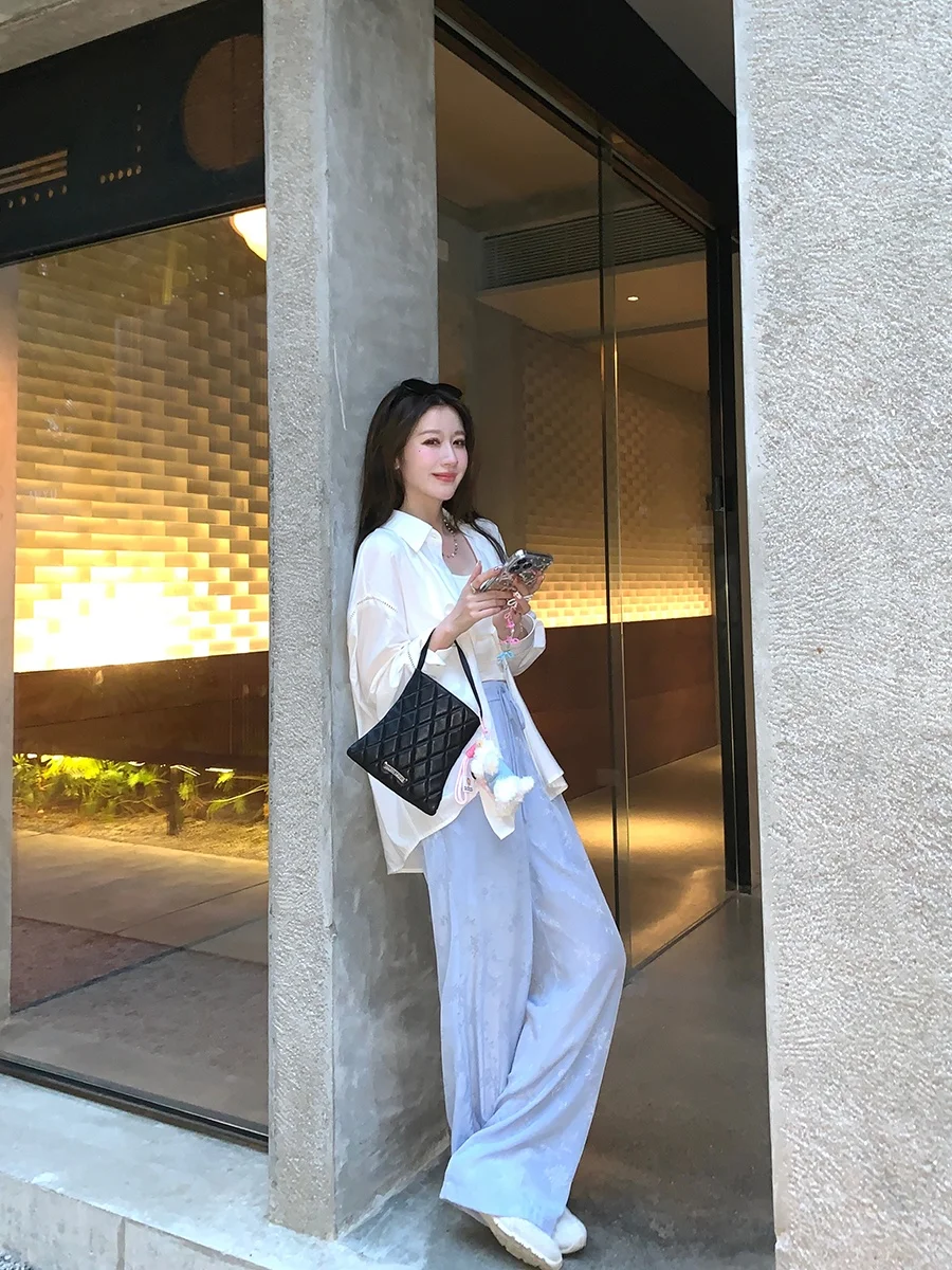 

New Chinese Sle Casual Pants Women's Straight Leg Satin Embroidery Comfortable High Waist Long Pants Commute Faion