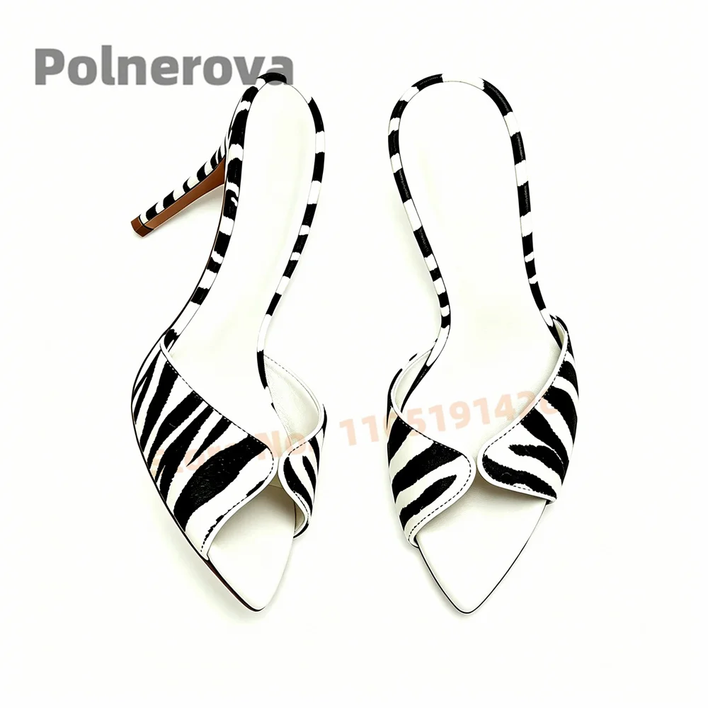 Stiletto Zebra Print Slippers for Women High Heels Black and White Stripes Horsehair Pointed Open Toe Sexy Summer Party Shoes