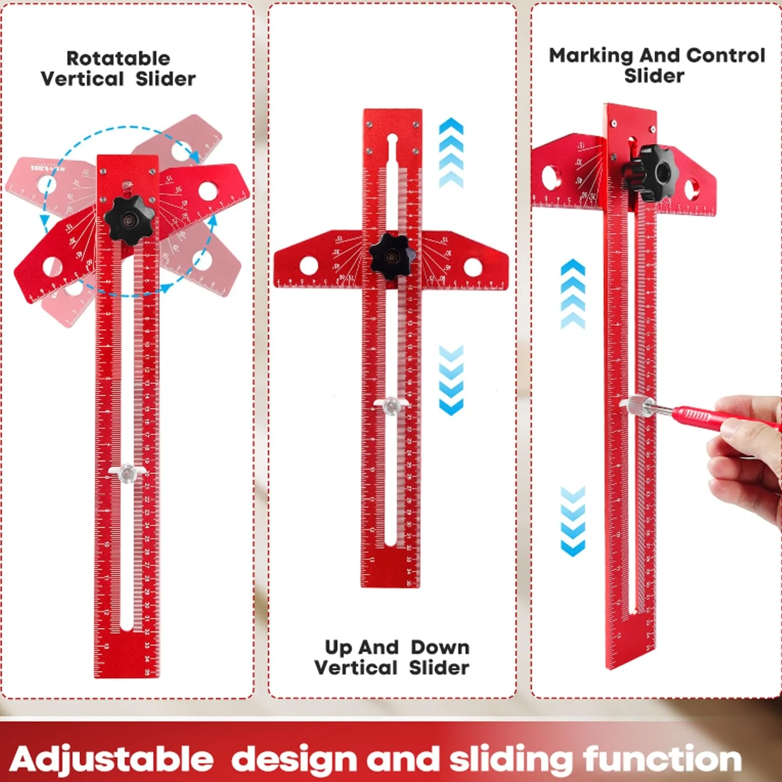 Adjustable T‑Shape Woodworking Layout Gauge, Aluminum Alloy Sliding Marking Ruler for Carpentry Measuring And Line Scribing