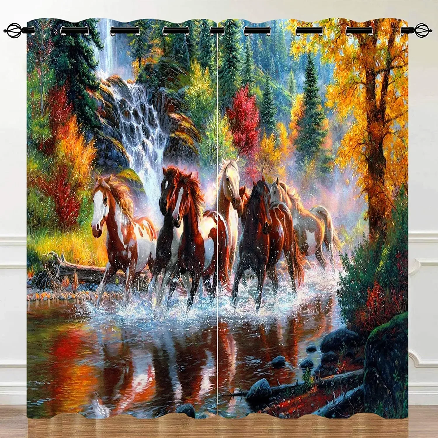 Living Room Decoration Blackout Curtains with Horses Running on The Forest River 3D Illustration Luxury Living Room Curtains