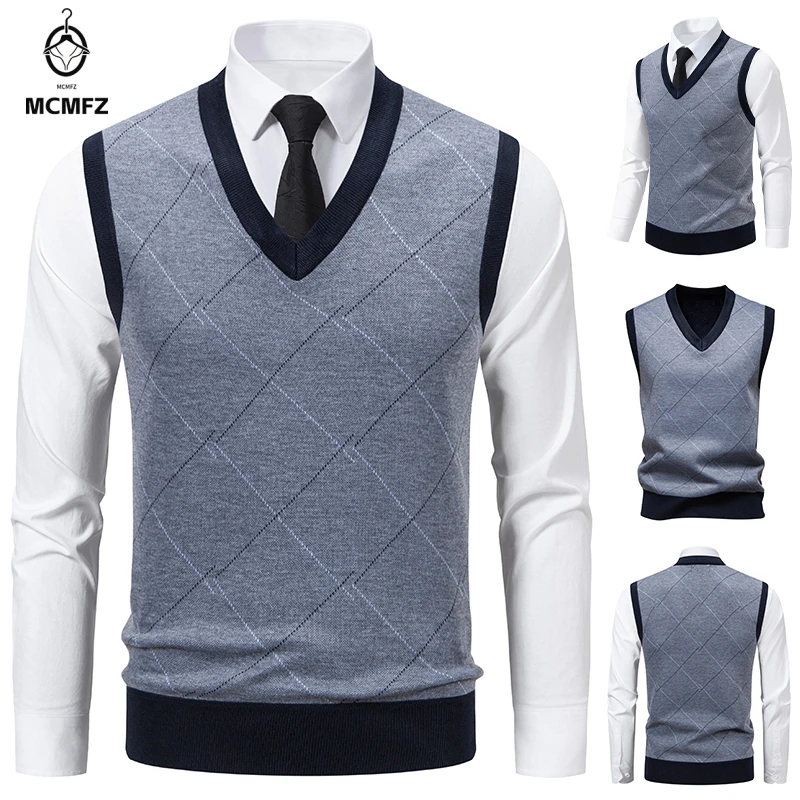 Knitted Warm Sweater for Men V-neck Vest Diamond Grid Twisted Flower Casual Fashion Versatile Top Autumn and Winter