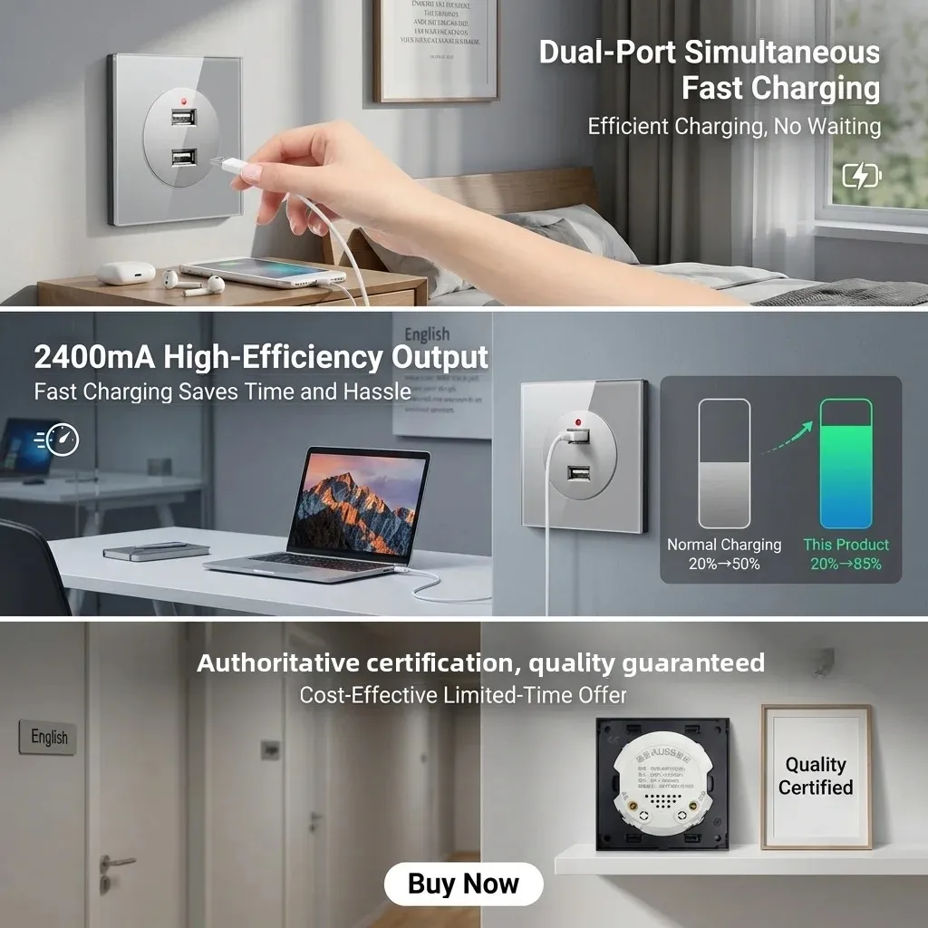 Grey Glass EU French Power Wall Socket USB Charger Data CAT6 HDMI TV  Universal Outlet Modules Wallpad L6 Combination