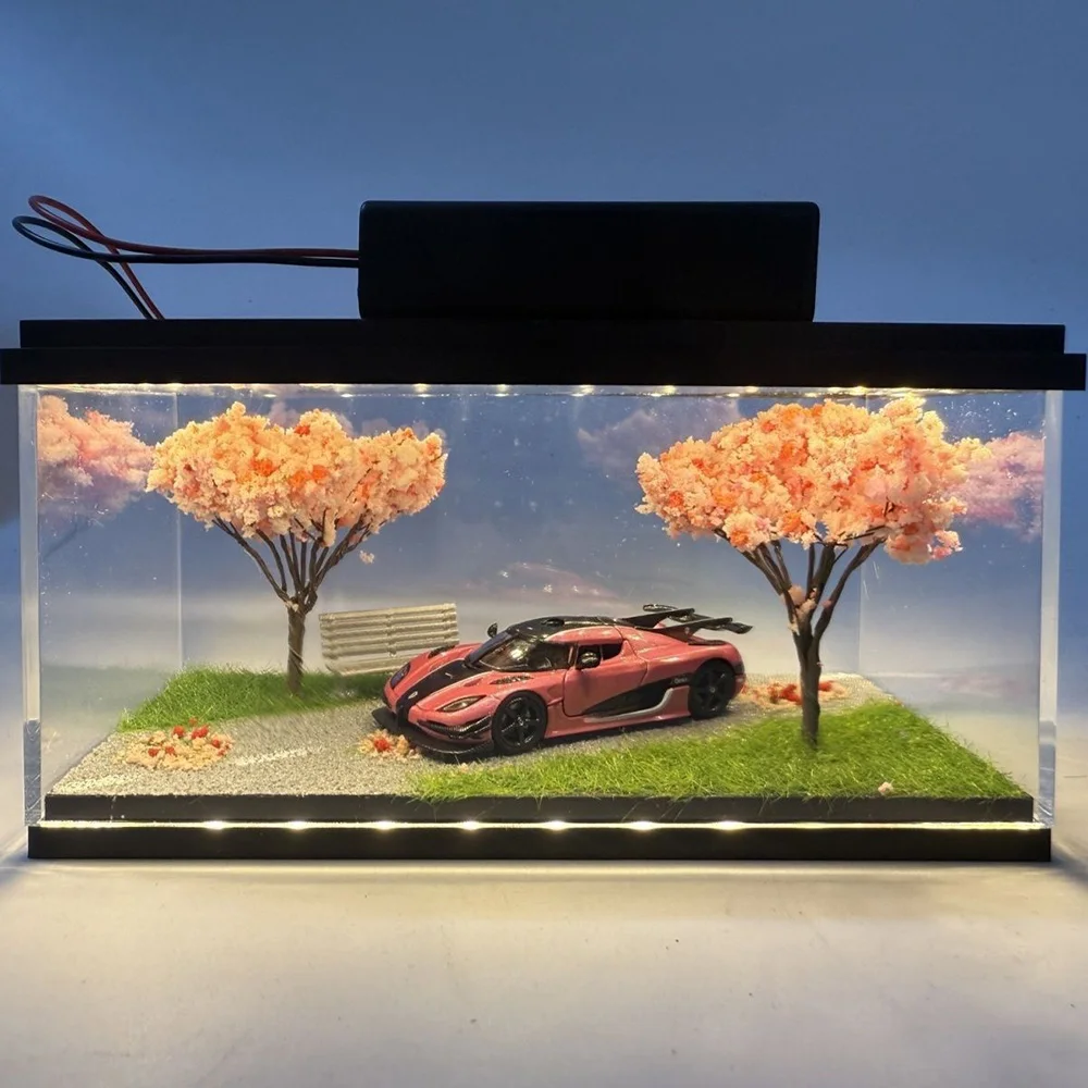 1:64 Cherry Blossom Scene Acrylic Display Box Light Stand Mini Ornament Shooting Gift Boys