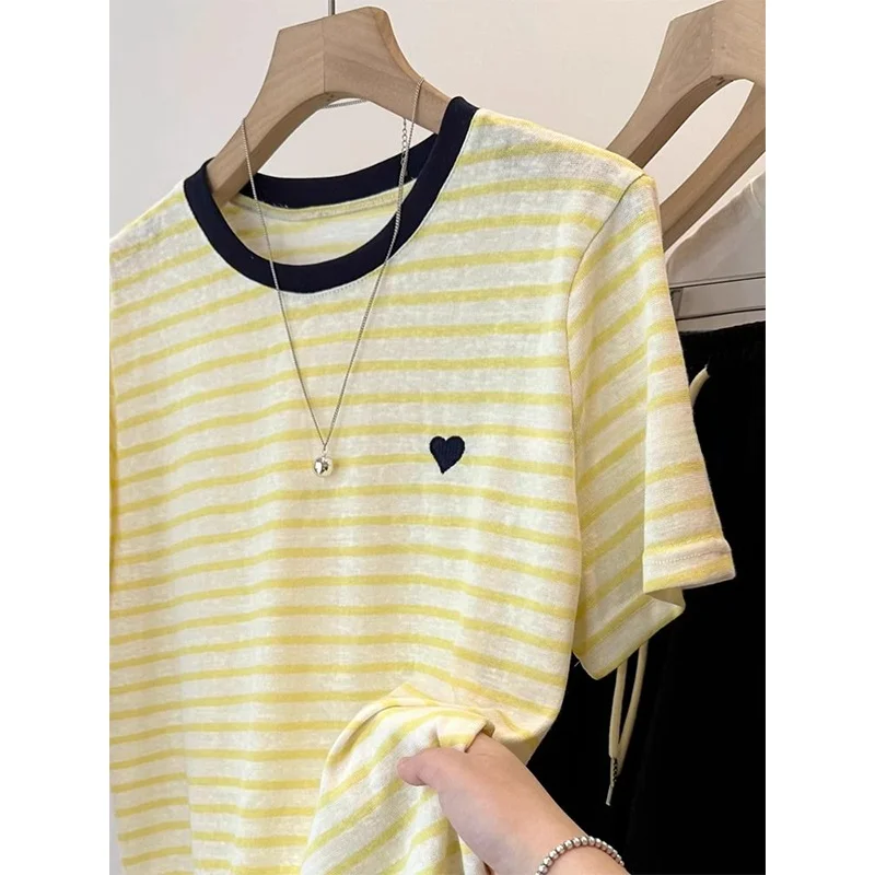 Korean Style Heart Print Overhead Short Sleeve T-Shirt Women's Base Shirt Striped Patchwork Breathable Summer Fashion Sunscre...
