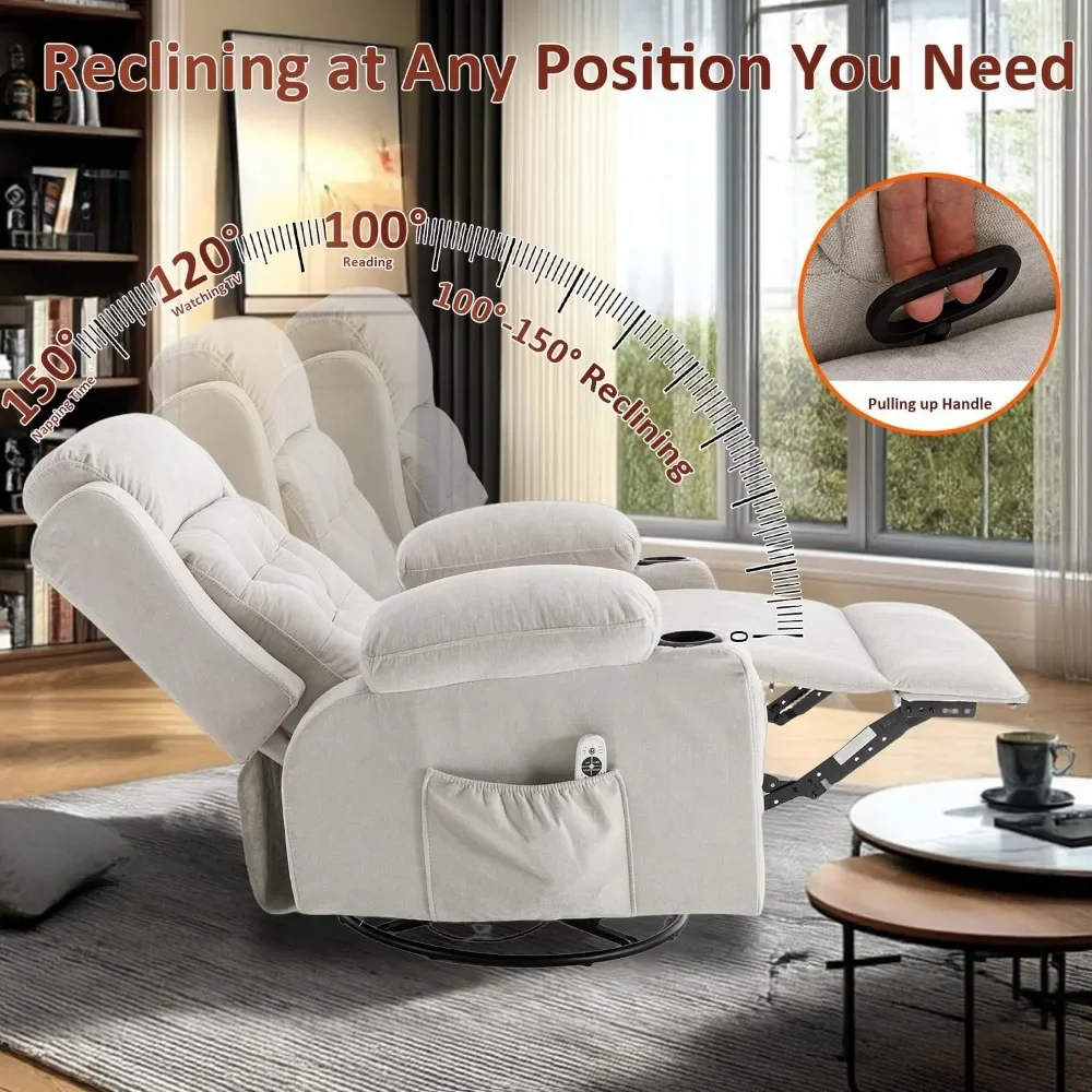 Mid-Century Modern Overstuffed Rocker Recliner - Massage & Heat Ergonomic Swivel Lounge Chair for Living Room | Customized