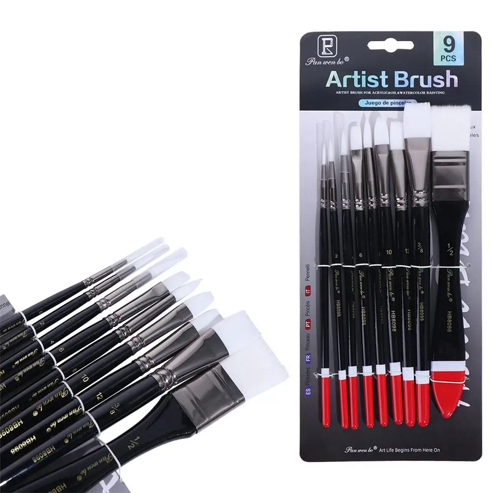 9Pcs/Set Multifunctional Nylon Hair Paintbrush Set Wooden Handle Soft Bristled Art Paint Brushes Different Shape Lightweight