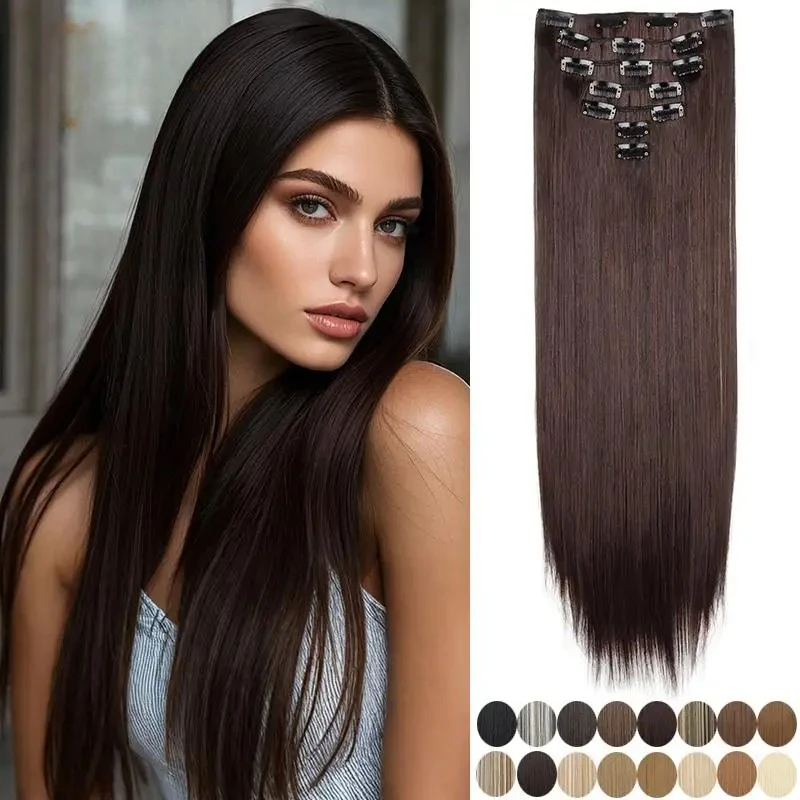 

24 дюйма, 7 шт./компл., синтетические 16 зажимов для наращивания волос, длинные прямые прически, светлые, черные шиньоны для женщин, 2026